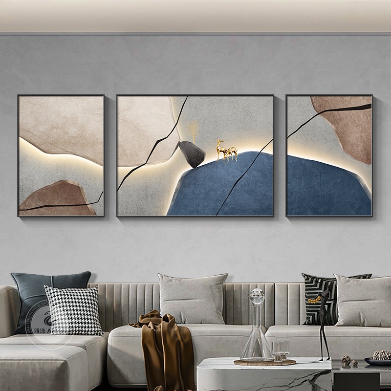 石来运转客厅装饰画轻奢高级感墙壁三联壁画沙发背景墙画抽象挂画