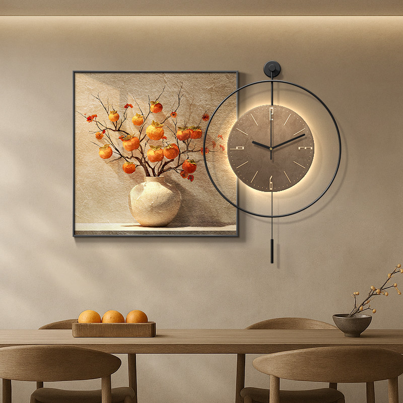 柿柿如意餐厅装饰画侘寂风饭厅餐桌背景墙钟表挂钟高级感客厅挂画,家居饰品,现代装饰画,淘宝优惠券,粉丝福利购,淘宝优惠卷