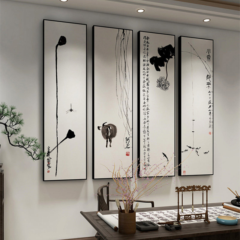 新中式装饰画客厅画茶台办公室背景墙挂画水墨画四联条屏餐厅壁画