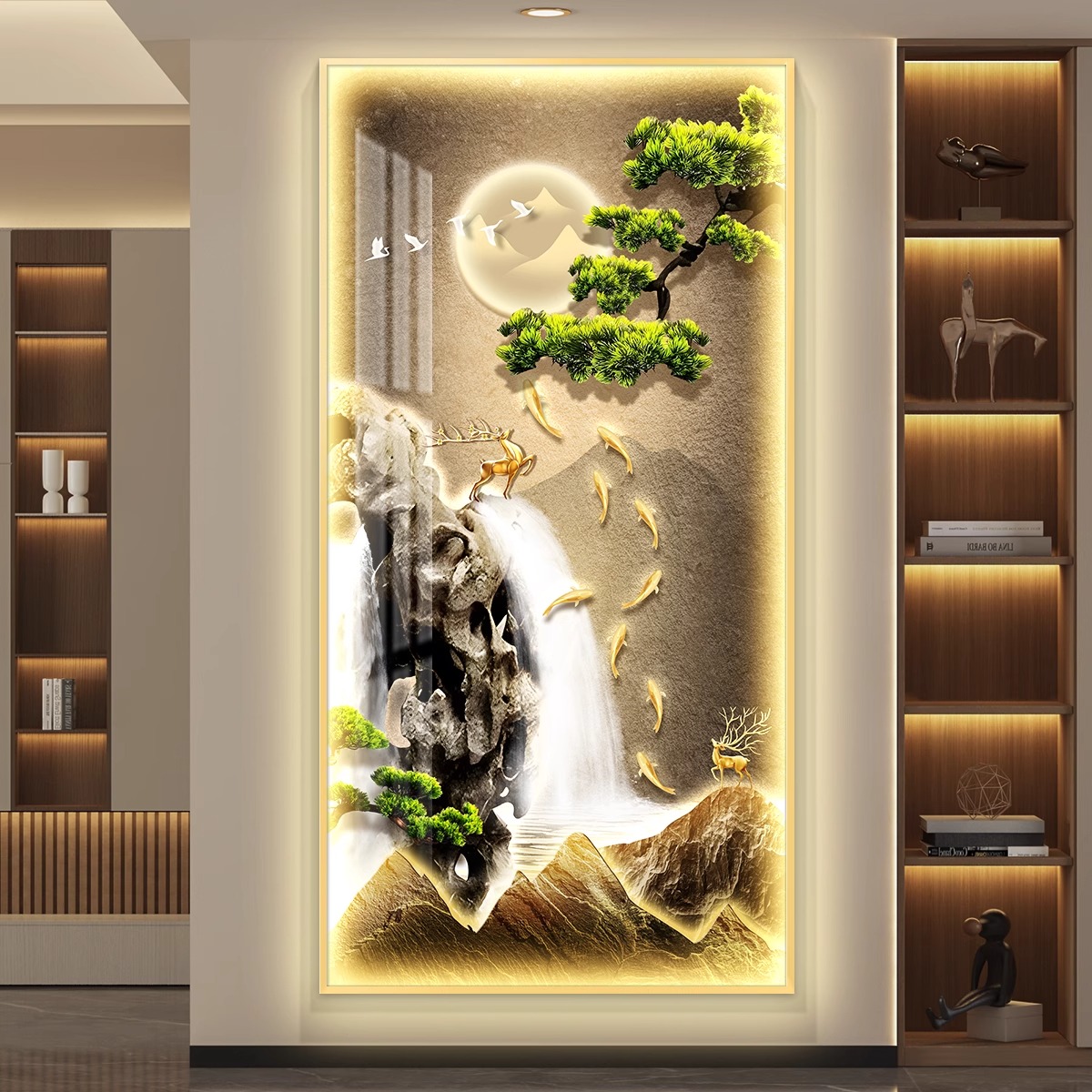 流水生财玄关LED灯装饰画轻奢走廊过道壁灯入户正对门挂画高级感