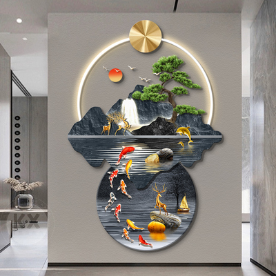 流水生财山水画玄关带灯装饰画