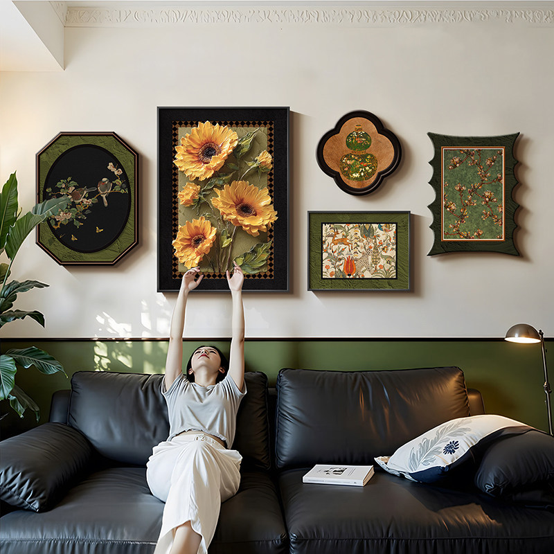 法式中古风沙发背景墙挂画复古客厅装饰画绿色向日葵组合床头壁画,家居饰品,现代装饰画,淘宝优惠券,粉丝福利购,淘宝优惠卷