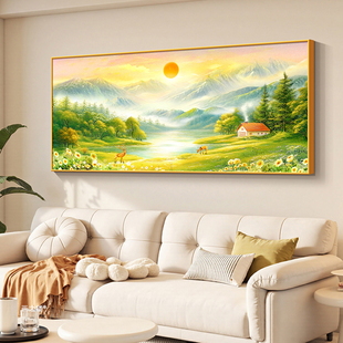 旭日东升沙发后装饰画现代简约流水生财客厅挂画聚财高级感山水画
