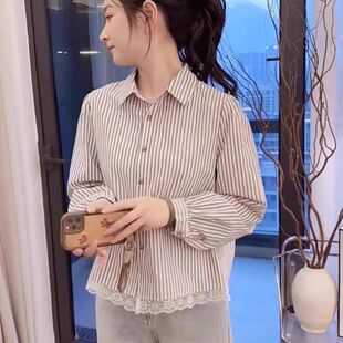 春季新款高级感蕾丝花边条纹衬衫女小个子韩版显瘦休闲小衫上衣潮