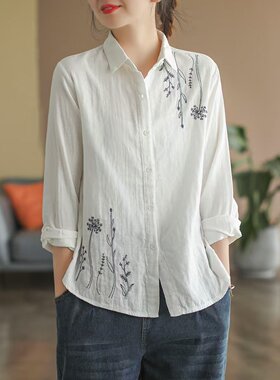 棉麻衬衫女士春秋新款女装妈妈春装长袖衬衣外套大码休闲气质上衣