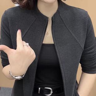 春季双面绒外套女打底两用衫长袖上衣简约百搭中年女修身显瘦开衫