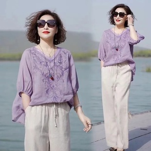 高档夏季复古风女装天丝麻ⅴ领短袖上衣女士宽松大码刺绣薄款小衫