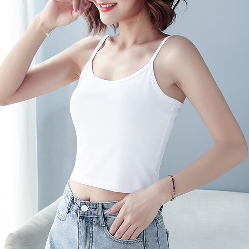 白色修身罗纹棉吊带背心女短款夏