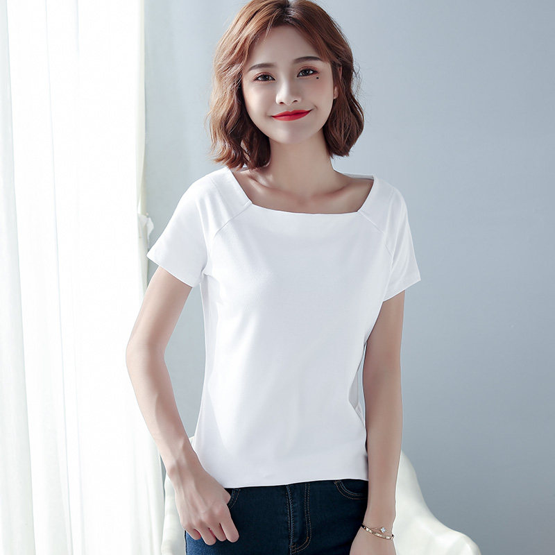 白色修身罗纹棉方领短袖t恤女夏季新款纯色百搭露锁骨打底体恤衫,女装/女士精品,T恤,淘宝优惠券,粉丝福利购,淘宝优惠卷