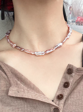 一物一拍天然珍珠项链强光粉色炫彩异形珍珠项链