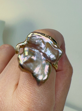 蝴蝶镜面油画极光炫彩无核花瓣纯天然淡水珍珠戒指可调节