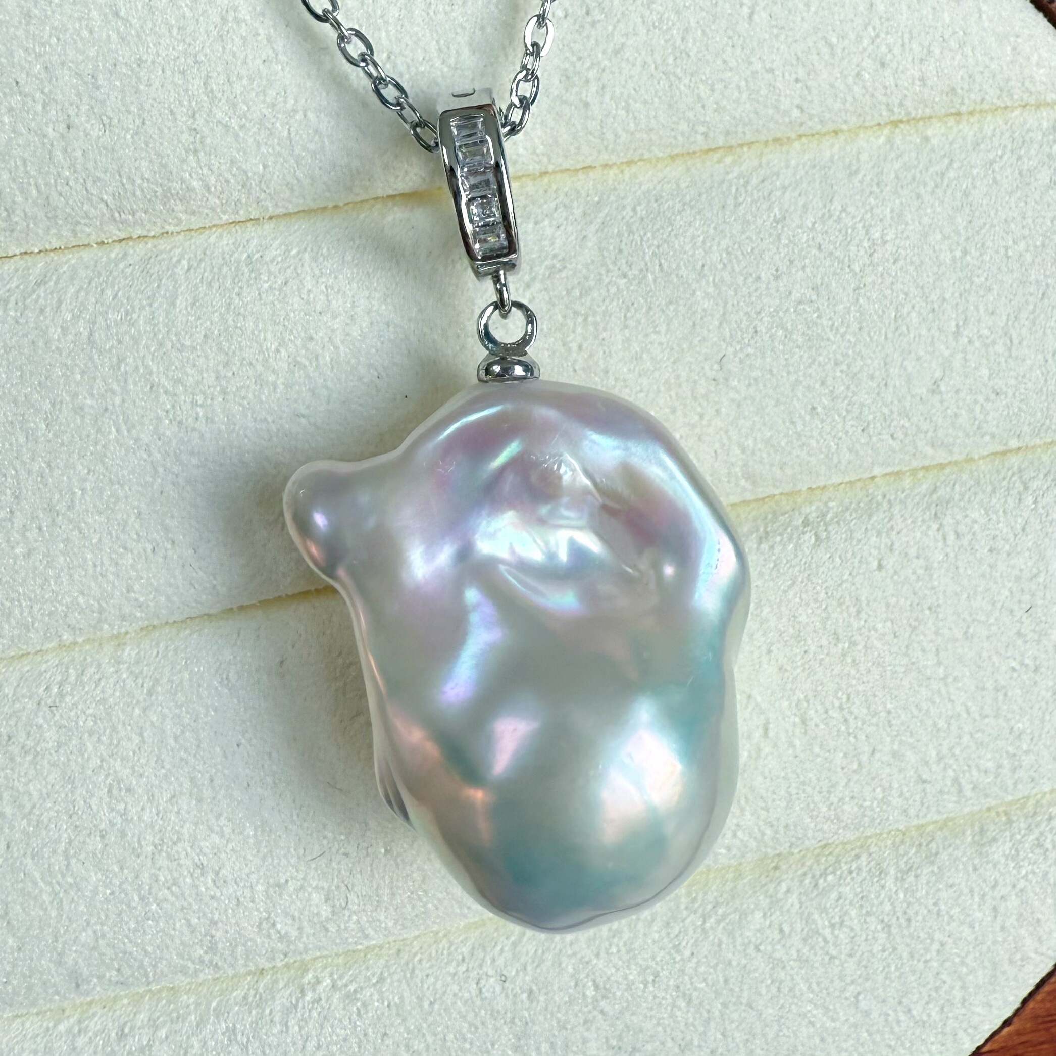 一物一拍极光无瑕银蓝光大巴洛克天然珍珠吊坠项链万能扣