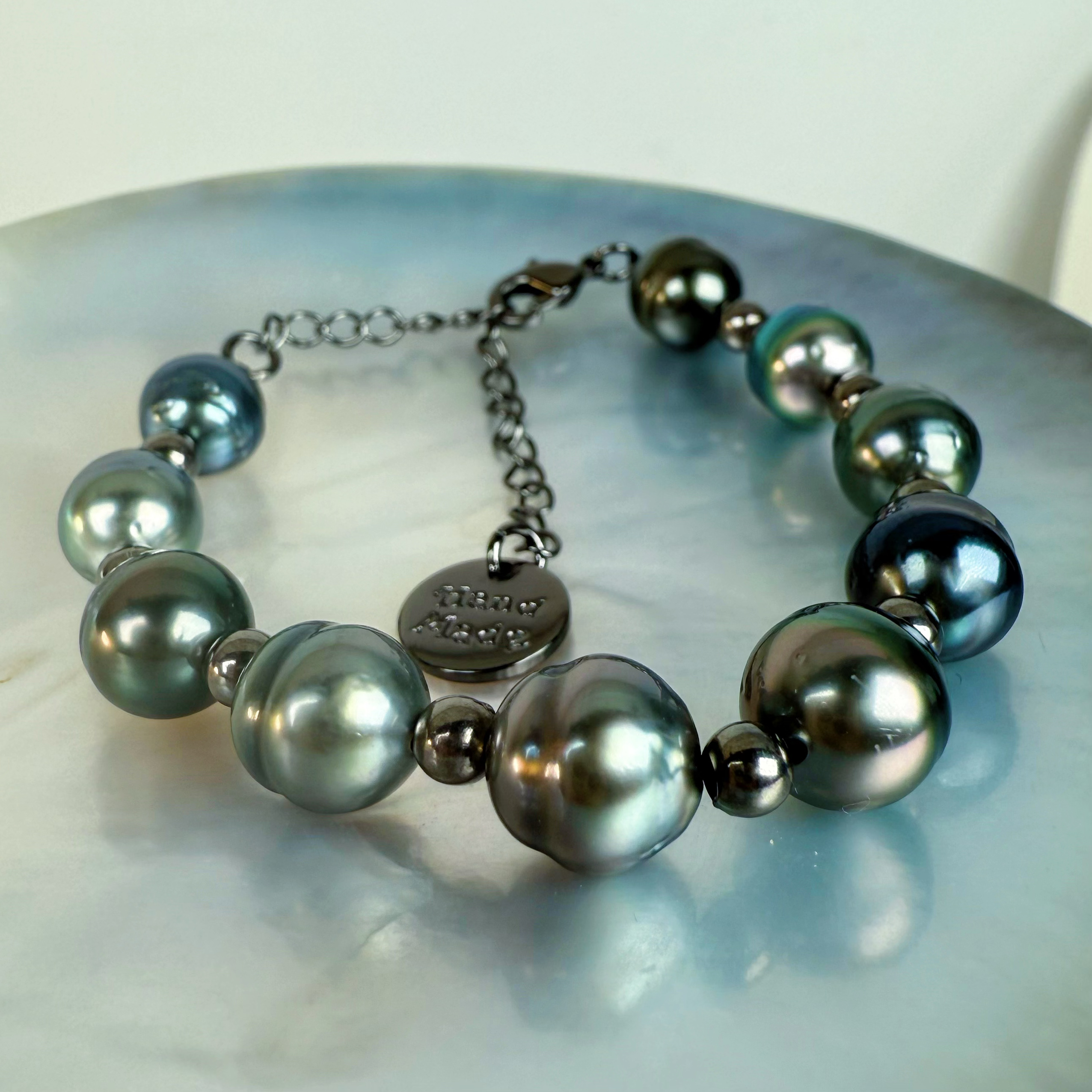 强光大溪地黑珍珠近圆纯天然海水珍珠手链可调节有延长链