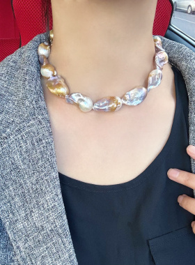 一物一拍强光巨大紫色炫彩巴洛克天然珍珠项链