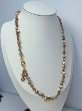 绿光炫彩无核碎银子天然淡水珍珠项链毛衣链多功能