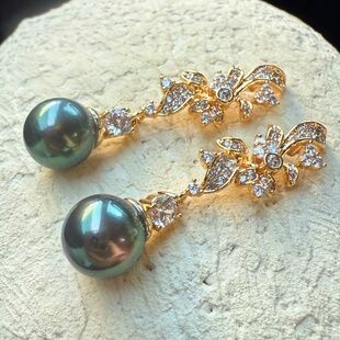 一物一拍绝色孔雀绿正圆无瑕极光大溪地黑珍珠天然珍珠耳钉耳环