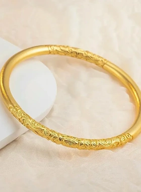 古法紫荆花卷草纹手镯女复古国风金色雕花素圈手环送女友妈妈礼物