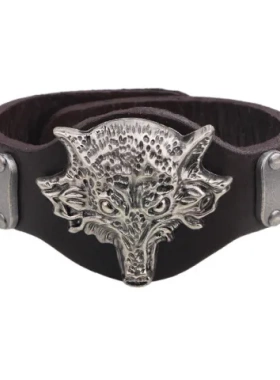 琦诺朋克风饰品狼图腾手镯真皮手链造型复古个性动物铆钉潮男