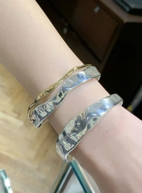 925纯银平面凹凸重工双层2020新款复古手镯女ins冷淡风宽版做旧