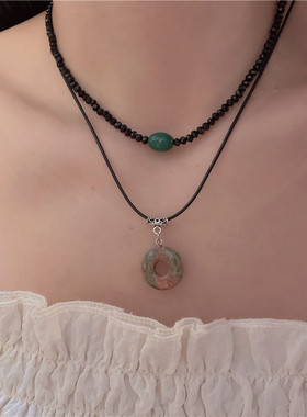 天然石圆环吊坠双层中古手作项链女小众复古竹节锁骨链民族配饰