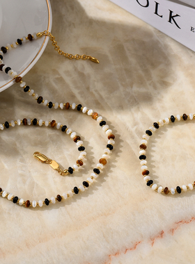 天然黑玛瑙虎眼石宝石串珠项链手链女博主同款欧美高级轻奢锁骨链