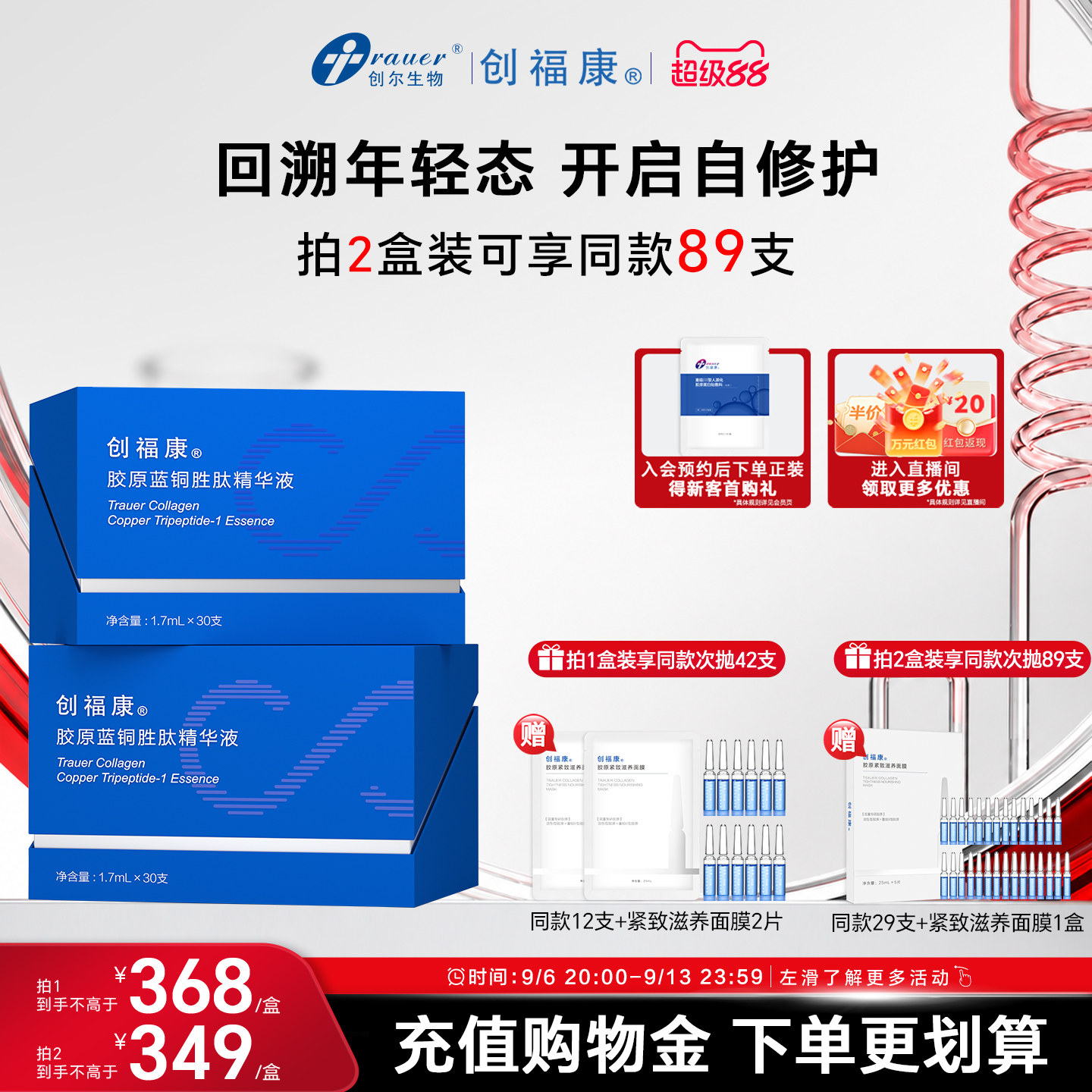 创福康胶原蓝铜胜肽次抛精华液补水保湿屏障修护紧致淡纹抗初老