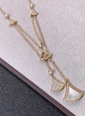 百搭裙子跨境镀流苏项链玫瑰金白贝双层轻奢扇欧美多18K锁骨链女