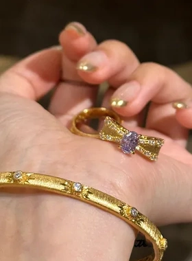 质感复古拉丝指环戒指法式时尚宫廷风百搭蝴蝶结轻奢镶钻小众紫钻