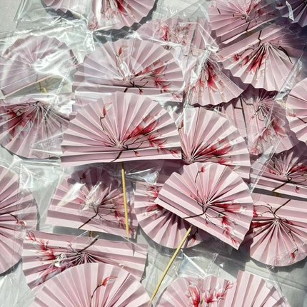 新中式国风成品折扇蛋糕装饰中式插牌烘焙甜品婚礼祝寿成品粉扇子