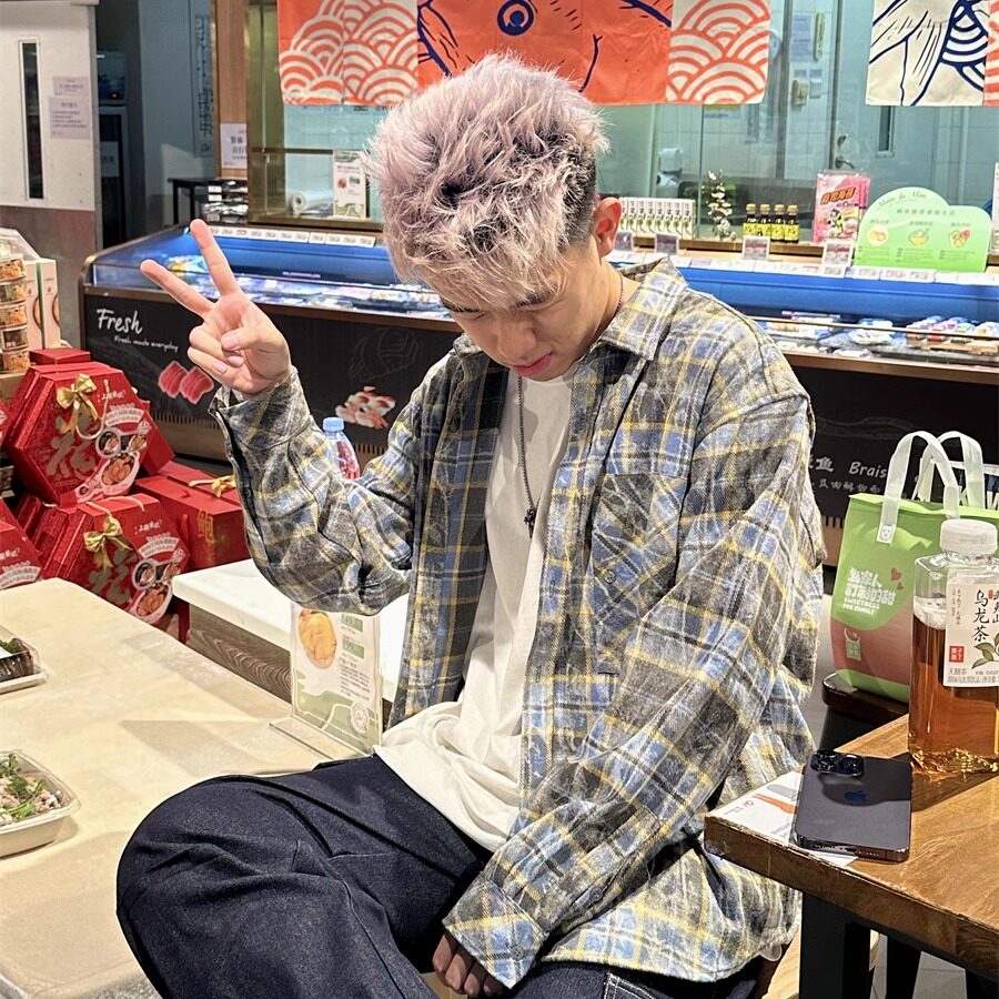 SHIC春秋季新款美式复古做旧晕染撞色格子长袖衬衫男女款情侣