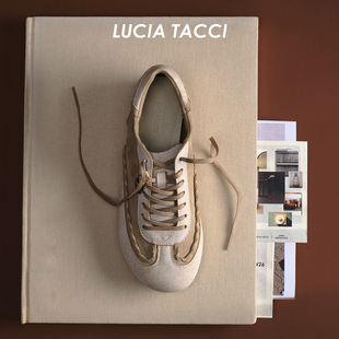 LUCIA TACCI26早秋新品真皮质感宽头女鞋穿皮编织拼接厚底德训鞋