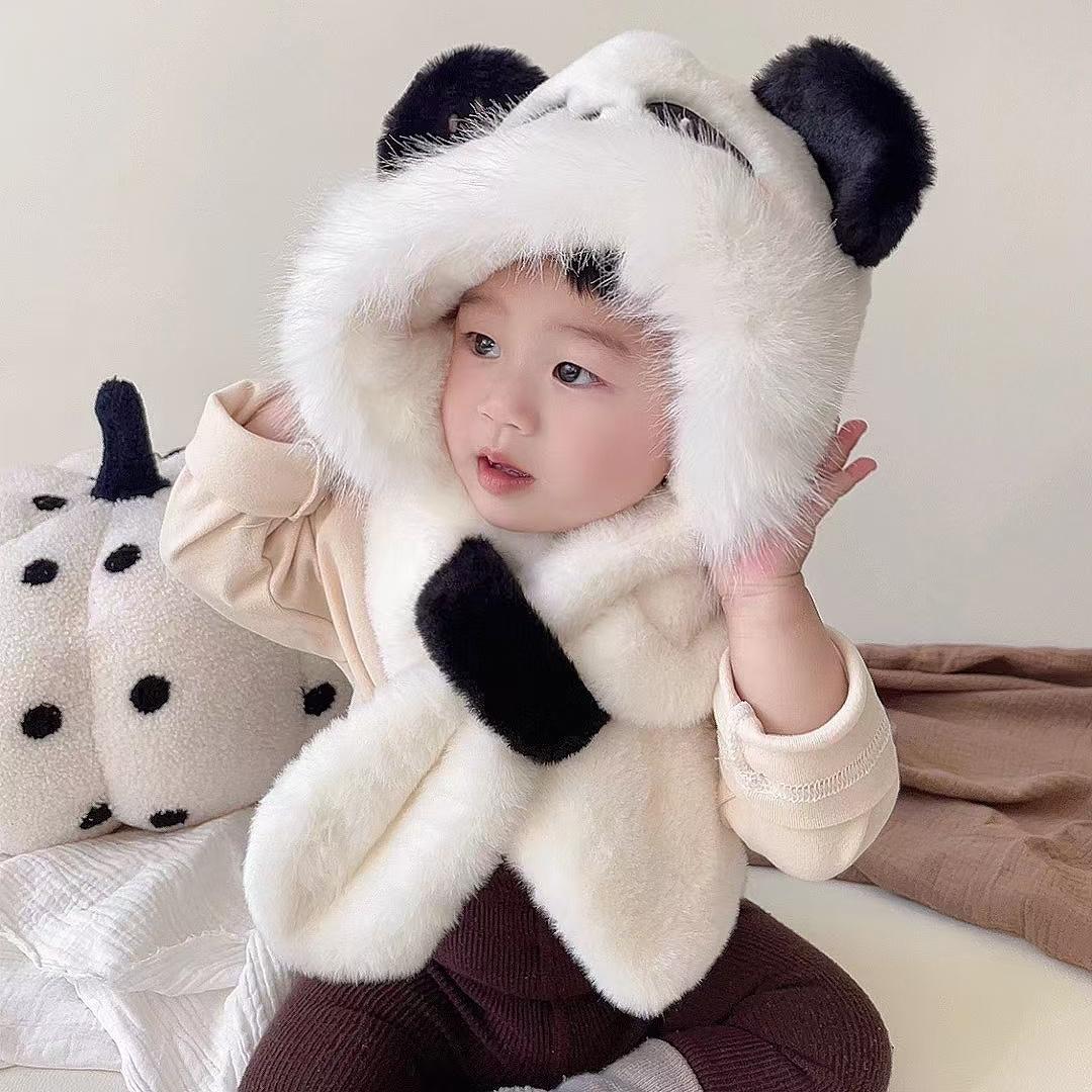 熊猫儿童帽子围巾一体两件套