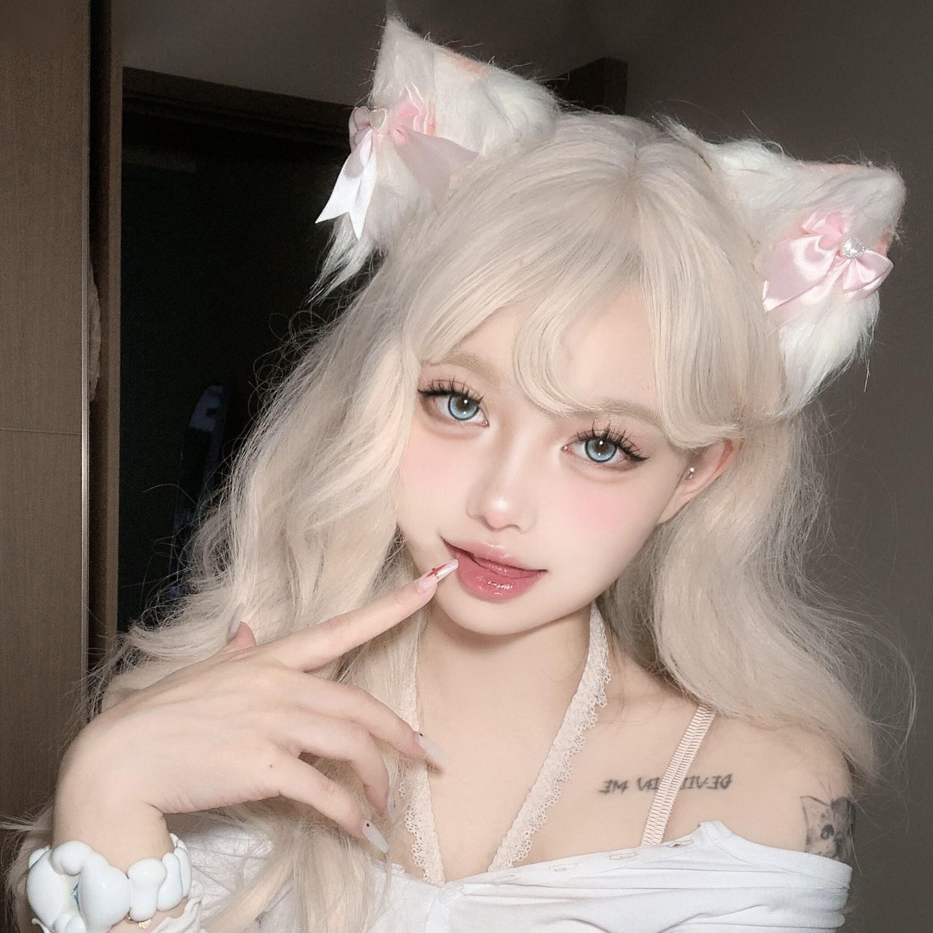 甜美毛绒猫耳朵发饰可爱蕾丝蝴蝶结头饰Lolita毛绒猫娘兽耳发饰箍