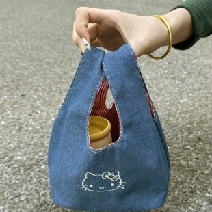 韩系牛仔Kity手腕包可爱刺绣外出便携大容量手提包上班便当包