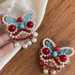 元宵国风醒狮发夹珍珠侧边边夹流苏鸭嘴夹汉服发饰高级感发卡夹子