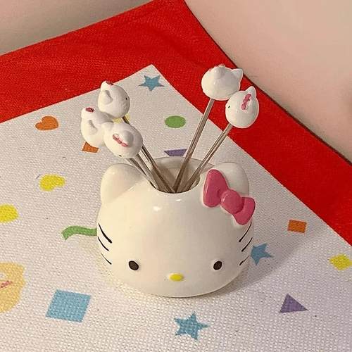 蝴蝶结小猫水果叉不锈钢食品级水果签长柄便携收纳罐套装卡通可爱