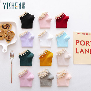 蕾丝袜子女潮短袜棉袜浅口韩国可爱花边日系夏季 短筒珍珠袜子 薄款