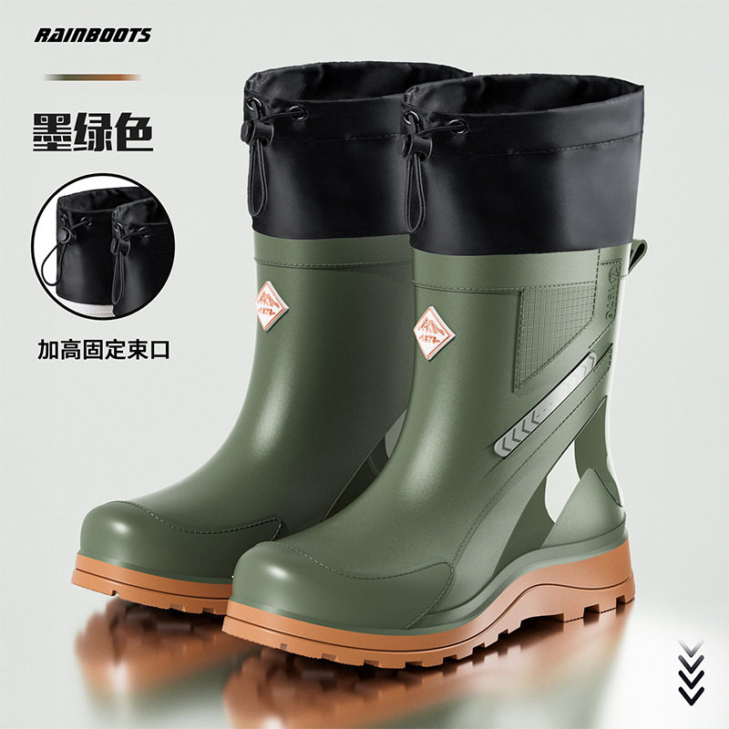 束口雨鞋男款中筒钓鱼雨靴防水防滑保暖加绒水鞋男户外穿反光胶鞋图片