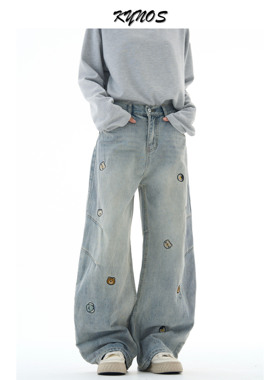 KYNOS 美式复古水洗趣味动物刺绣弯刀牛仔裤男女宽松休闲阔腿长裤