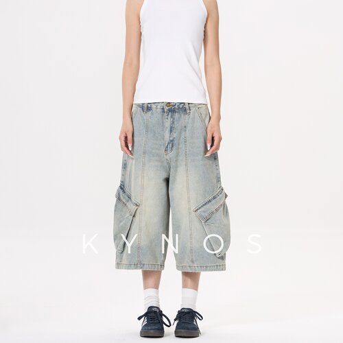 KYNOS 美式高街水洗多口袋工装牛仔七分裤男女宽松百搭休闲短裤夏
