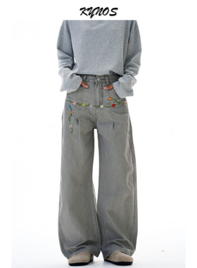 KYNOS美式vintage复古花卉刺绣弯刀休闲裤男女宽松百搭阔腿长裤子