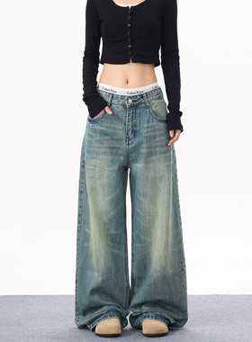 KYNOS 美式复古水洗基础蓝色牛仔裤男女宽松直筒显瘦痞帅休闲长裤