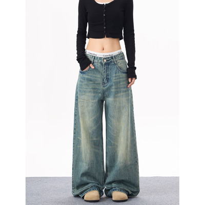 KYNOS 美式复古水洗基础蓝色牛仔裤男女宽松直筒显瘦痞帅休闲长裤