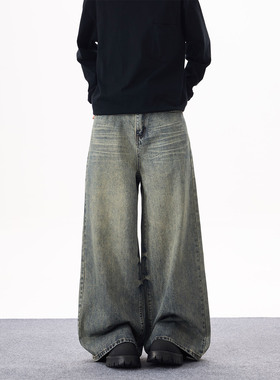 KYNOS 美式复古vintaget水洗做旧牛仔裤男女宽松休闲阔腿拖地长裤