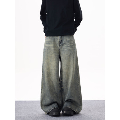 KYNOS 美式复古vintaget水洗做旧牛仔裤男女宽松休闲阔腿拖地长裤