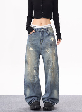 KYNOS 美式复古废土风喷漆涂鸦牛仔裤男女宽松直筒百搭休闲长裤潮