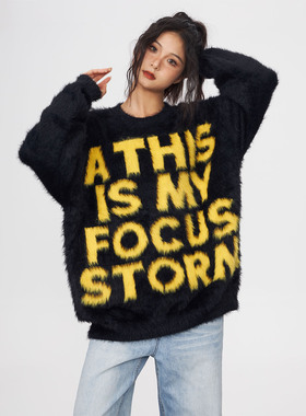 KYNOS 美式复古圆领水貂毛字母毛衣男女宽松慵懒风百搭休闲上衣潮