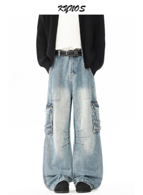 KYNOS 美式复古水洗做旧多口袋工装牛仔裤男女宽松休闲阔腿长裤子
