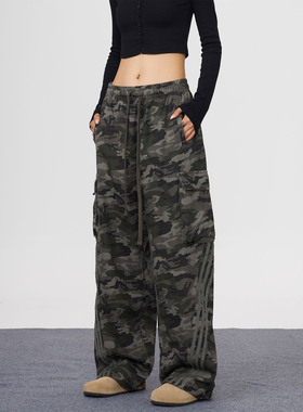 KYNOS 美式复古三条杠多口袋迷彩工装裤男女宽松抽绳直筒休闲裤潮