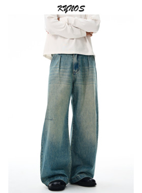 KYNOS 美式复古褶皱弯刀牛仔裤男女宽松痞帅休闲百搭阔腿拖地长裤